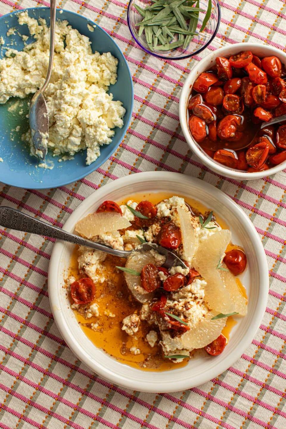 Marinated feta with grapefruit and roasted tomatoes from the Kismet cookbook.