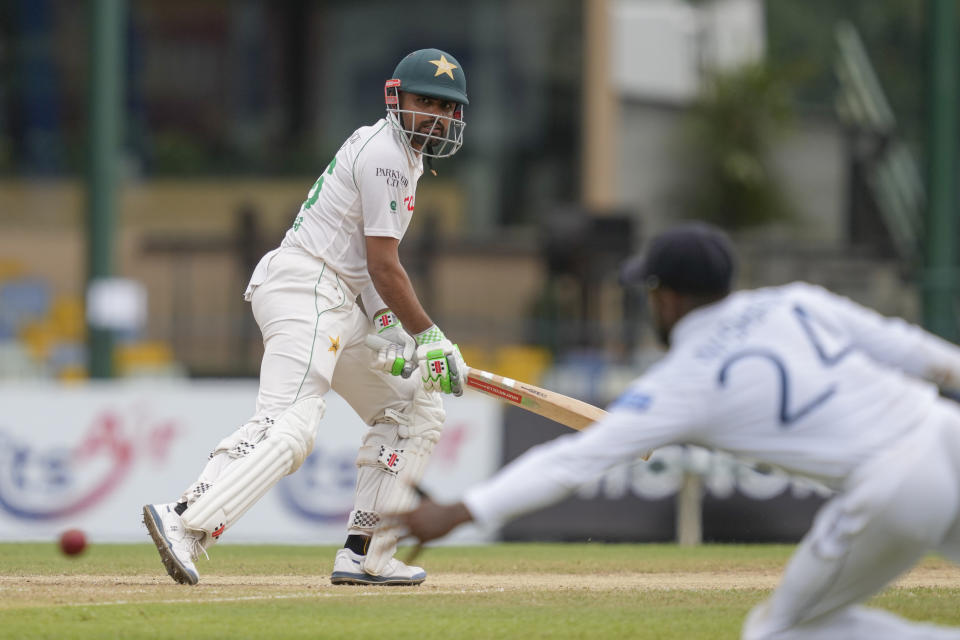 Pakistan's Babar Azam plays a shot during the second day of the second cricket test match between Sri Lanka and Pakistan in Colombo, Sri Lanka on Tuesday, Jul. 25. (AP Photo/Eranga Jayawardena)