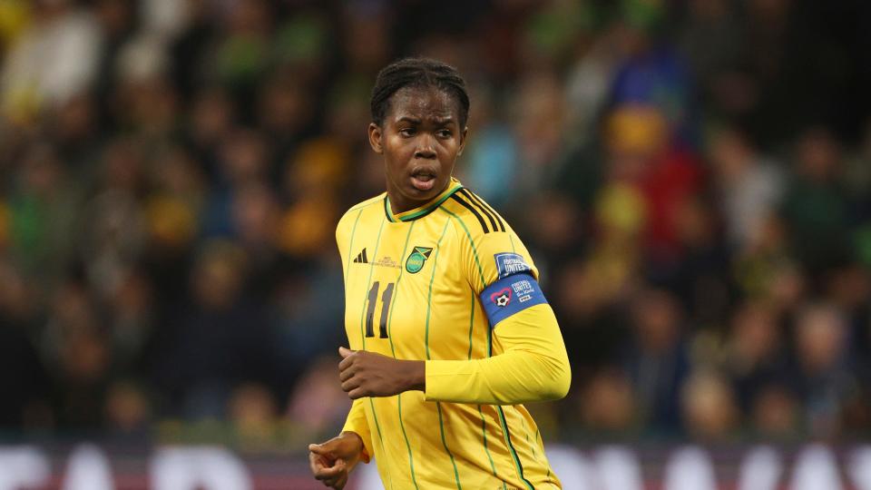 Jamaica's Khadija Shaw in action during the Women's World Cup Group F soccer match between Jamaica and Brazil in Melbourne, Australia, Wednesday, Aug. 2, 2023. (AP Photo/Hamish Blair)