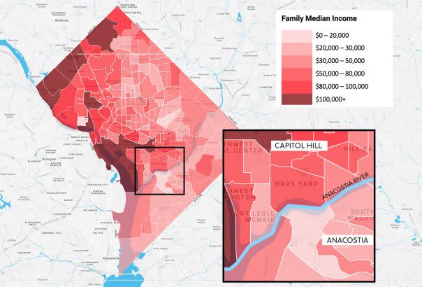Median family income by census tract across Washington, D.C., shows a sharp divide along the Anacostia River. (Source: <a href="http://open.dc.gov/opendatadc-starterkit/dcopendata_income_choropleth_google.html" rel="nofollow noopener" target="_blank" data-ylk="slk:DC Open Data;elm:context_link;itc:0;sec:content-canvas" class="link ">DC Open Data</a>, 2010 U.S. Census data)