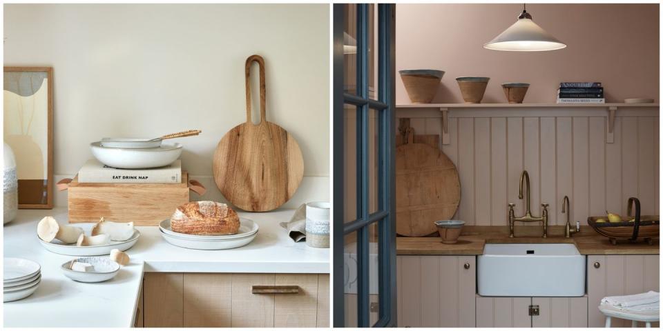 Kitchen with table and shelves with bowls and lamps