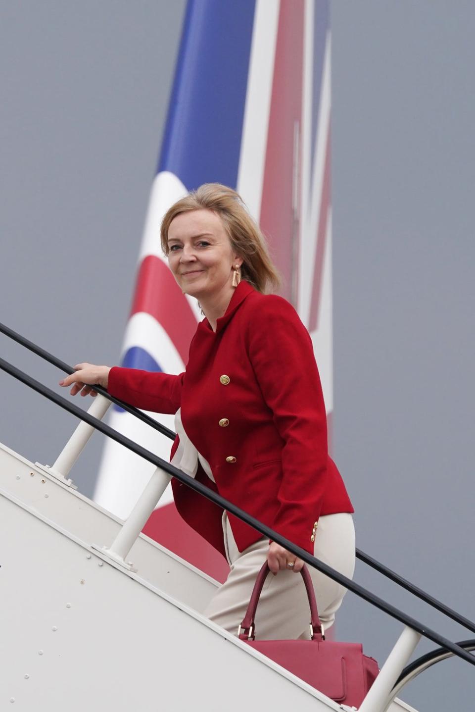 Foreign Secretary Liz Truss boards RAF Voyager at Stansted (Stefan Rousseau/PA) (PA Wire)