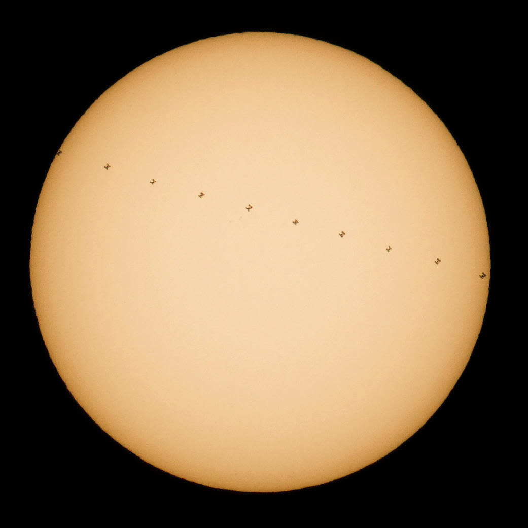 This composite image, made from ten frames, shows the International Space Station, with a crew of six onboard, in silhouette as it transits the sun at roughly five miles per second, Saturday, Dec. 17, 2016, from Newbury Park, California. Onboard as part of Expedition 50 are: NASA astronauts Shane Kimbrough and Peggy Whitson: Russian cosmonauts Andrey Borisenko, Sergey Ryzhikov, and Oleg Novitskiy: and ESA (European Space Agency) astronaut Thomas Pesquet.  Photo Credit: (NASA/Joel Kowsky)