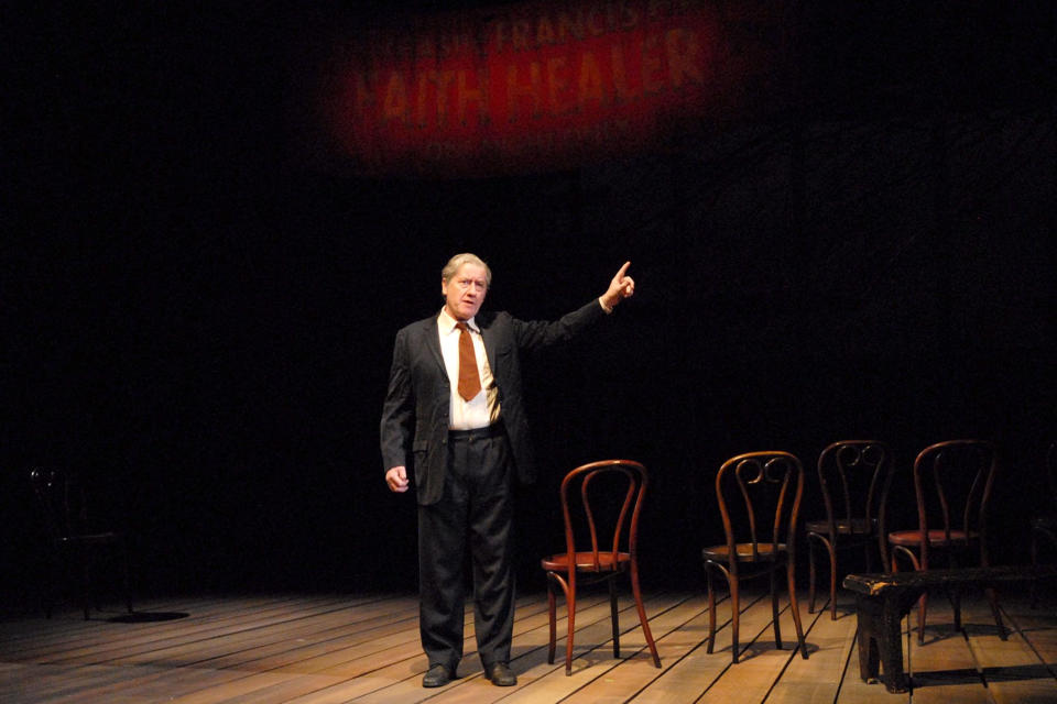 FILE - In this Oct. 14, 2009 file photo, Artistic Director Joe Dowling runs through a scene during a rehearsal at the Guthrie Theater in Minneapolis. Dowling plans a mix of some of his favorite plays, new works and a classic American musical for his final season. After 20 years, Dowling steps down next year. The Guthrie announced the lineup Thursday, April 10, 2014. (AP Photo/Dawn Villella, file)