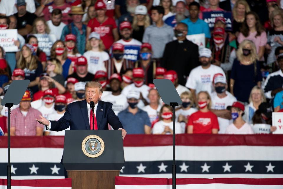 President Trump addresses the crowd at a campaign rally at Smith Reynolds Airport Sept.  8 in Winston Salem, N.C.