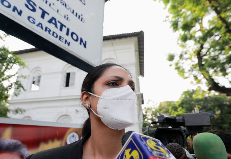 Reigning Mrs World Caroline Jurie leaves the police station in Colombo