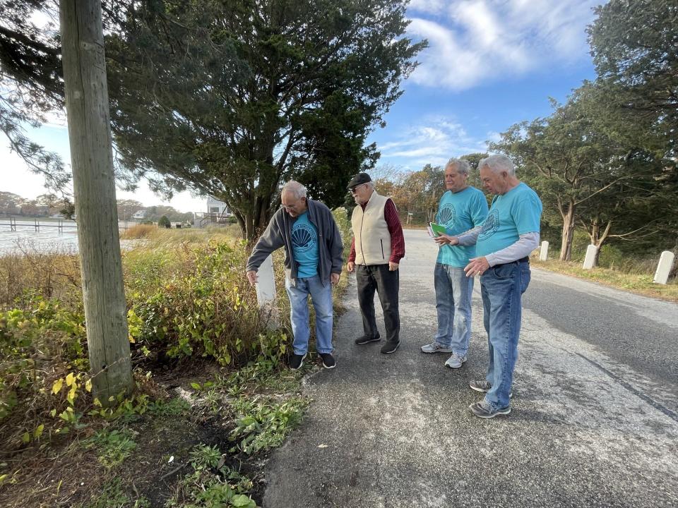 Pocasset Water Quality Coalition leaders discuss a location on Hen Cove where stormwater rushes into the cove and where they'd like to site a rain garden. From left: Founder Frank Gasson, vice president Bob Dwyer, treasurer Jerry Struzik, and president Keith Barber.