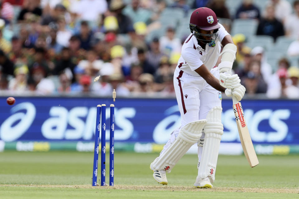 West Indies Kraigg Brathwaite is bowled by Australia's Pat Cummins on the first day of their cricket test match in Adelaide, Australia, Wednesday, Jan. 17, 2024. (AP Photo/James Elsby)