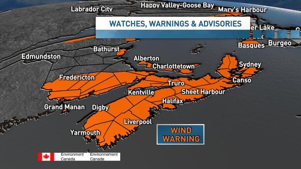 Environment Canada has issued wind warnings for Nova Scotia, P.E.I., and parts of New Brunswick.