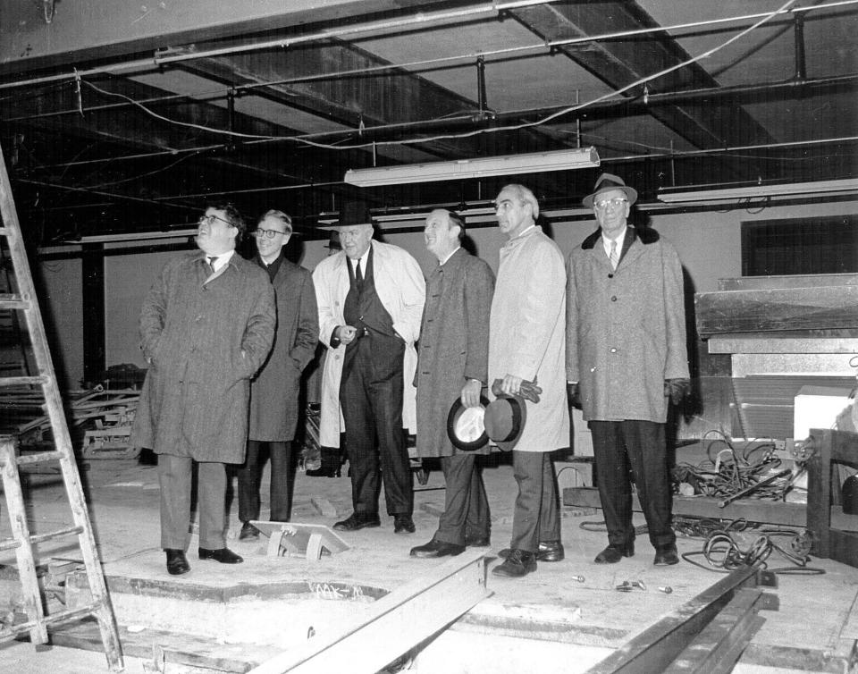 In 1969, board members of the Times Publishing Company look over construction of the Times' new building at West 12th and Sassafras streets in Erie. From left are Michael Mead, Frank P. Mead, John English, Everett Zurn, James M. Mead and Frank J. Mead.