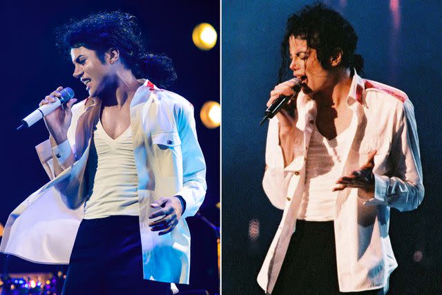 <p>Kevin Mazur/Lionsgate; Pete Still/Redferns</p> From L: Jaafar Jackson as Michael Jackson in <em>Michael</em> (2025); Michael Jackson performing in London on Aug. 20, 1992