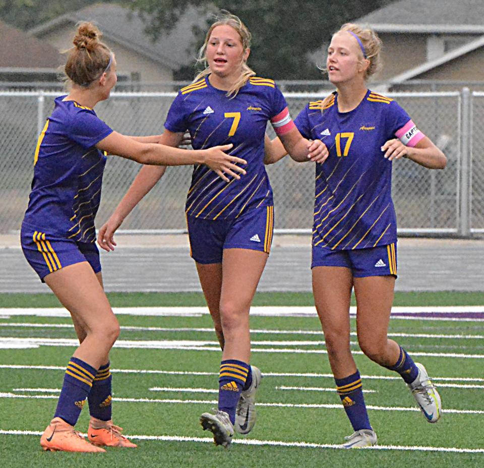 Senior Aspen Reynolds (right) of Watertown has been named to the 2023 All-Eastern South Dakota Conference girls soccer team. Reynolds had eight goals and two assists this fall.