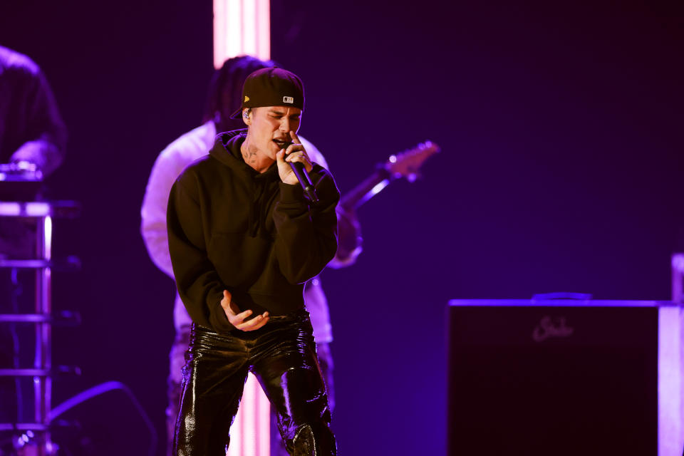 Justin Bieber performs onstage during the 64th Annual GRAMMY Awards at MGM Grand Garden Arena on April 03, 2022 in Las Vegas, Nevada. (Photo by Rich Fury/Getty Images for The Recording Academy)