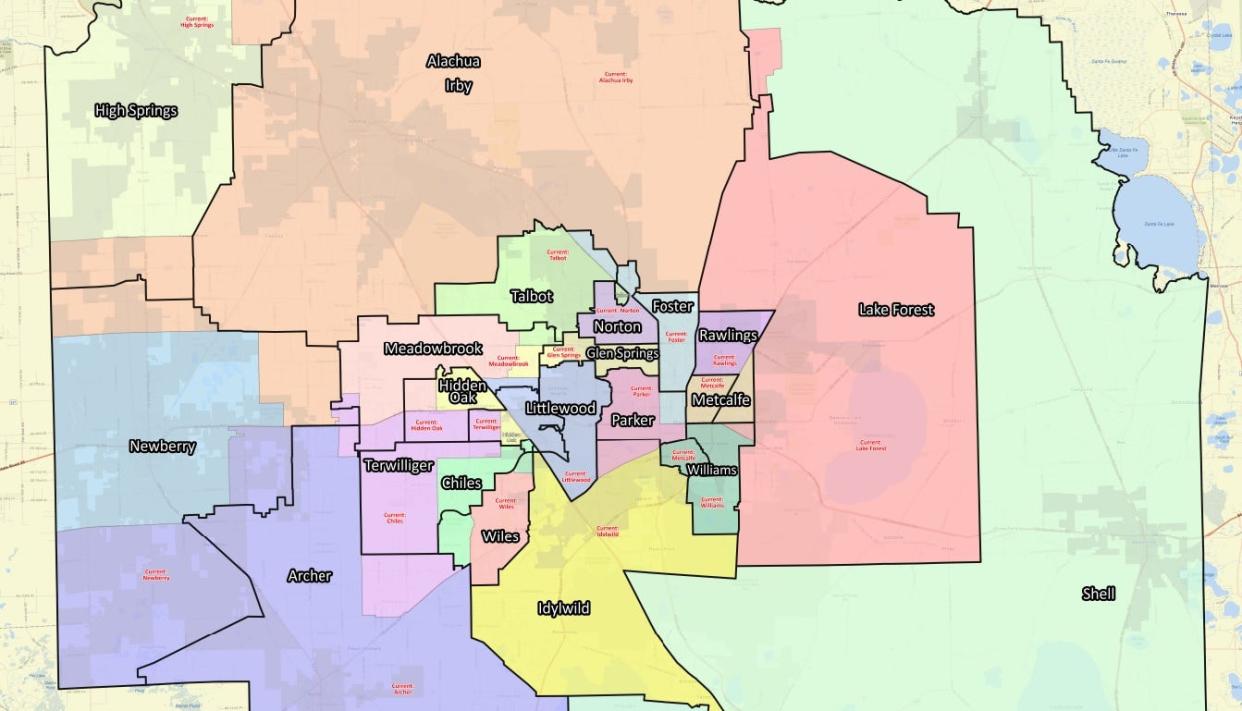 A preliminary rezoning map for elementary schools was released by Alachua County Public Schools late Tuesday evening. The black border represents the existing zone, while colors are proposed changes.