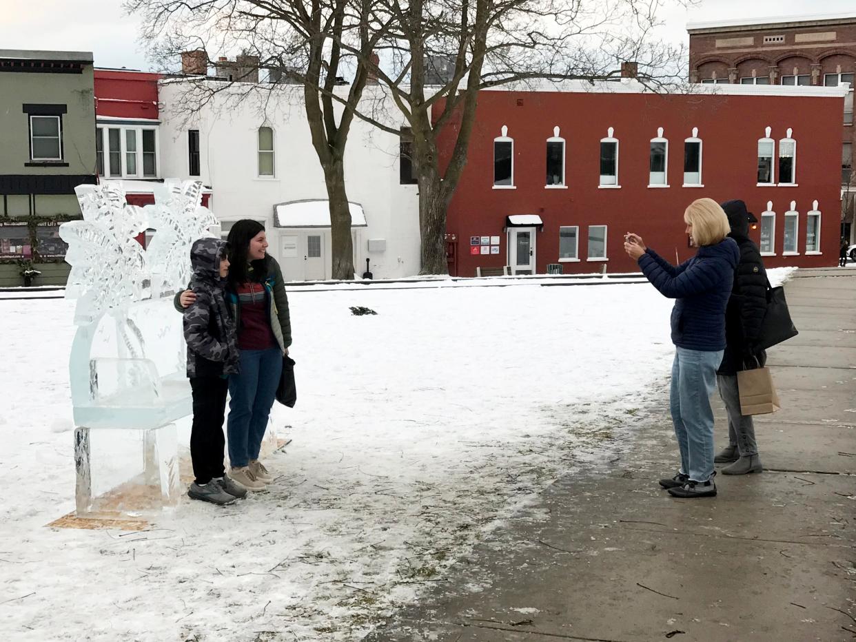 People admire ice sculptures in Pennsylvania Park on Saturday, Feb. 18, 2023 during Petoskey's Winter Wonderland Weekend.