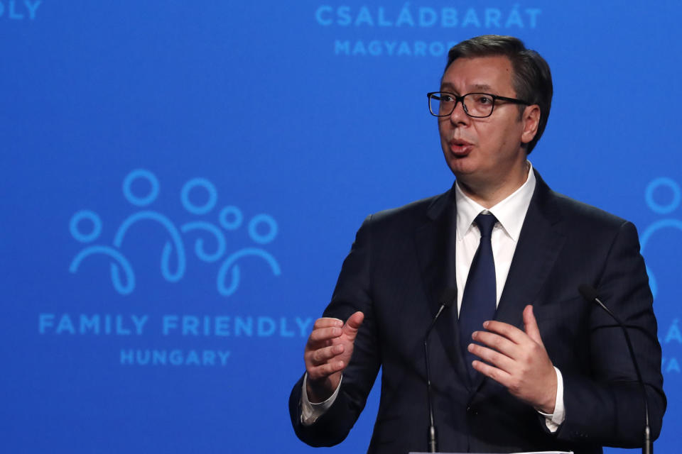 Serbian President Aleksandar Vucic holds a speech during the 4th Budapest Demographic Summit in Budapest, Hungary, Thursday, Sept. 23, 2021. The biannual demographic summit, which was first organized in 2015, offers a forum for "pro-family thinker" decision-makers, scientists, researchers, and church representatives of the same sort to exchange their thoughts about connections between demographics and sustainability. (AP Photo/Laszlo Balogh)