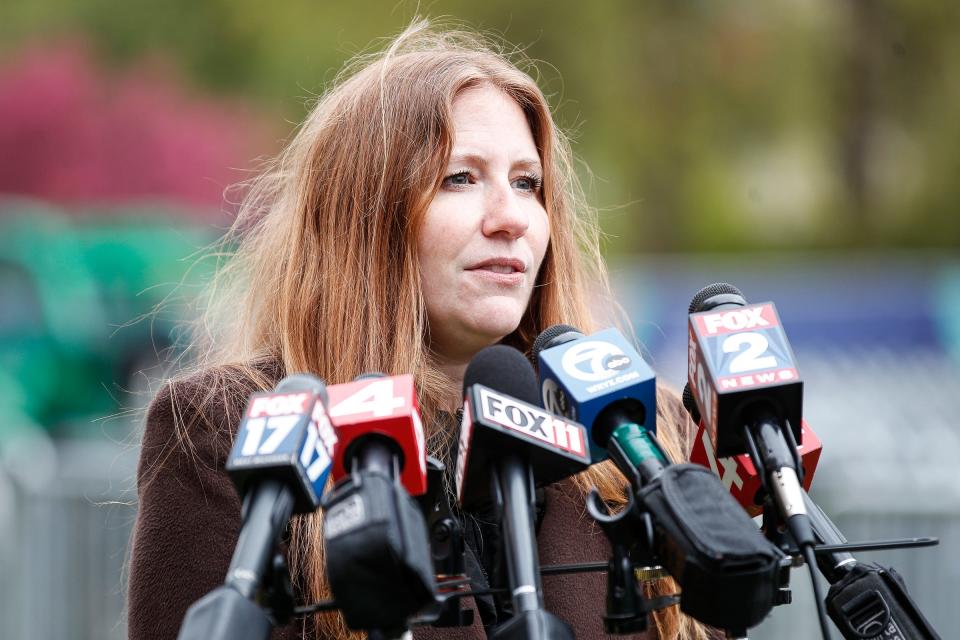 Nicki Ewell, the NFL's senior director of events, speaks during the media preview for NFL Draft Experience at Hart Plaza in Detroit on Wednesday, April 24, 2024.