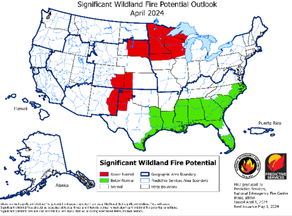The wildfire potential outlook for April 2024. Red indicates above normal fire risk and green indicates below normal risk (NIFC)
