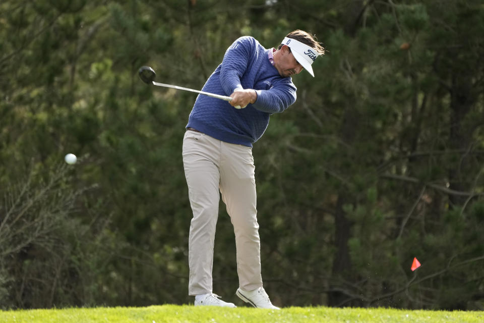 Hank Lebioda hits from the 18th tee of the Monterey Peninsula Country Club Shore Course during the first round of the AT&T Pebble Beach Pro-Am golf tournament in Pebble Beach, Calif., Thursday, Feb. 2, 2023. (AP Photo/Eric Risberg)