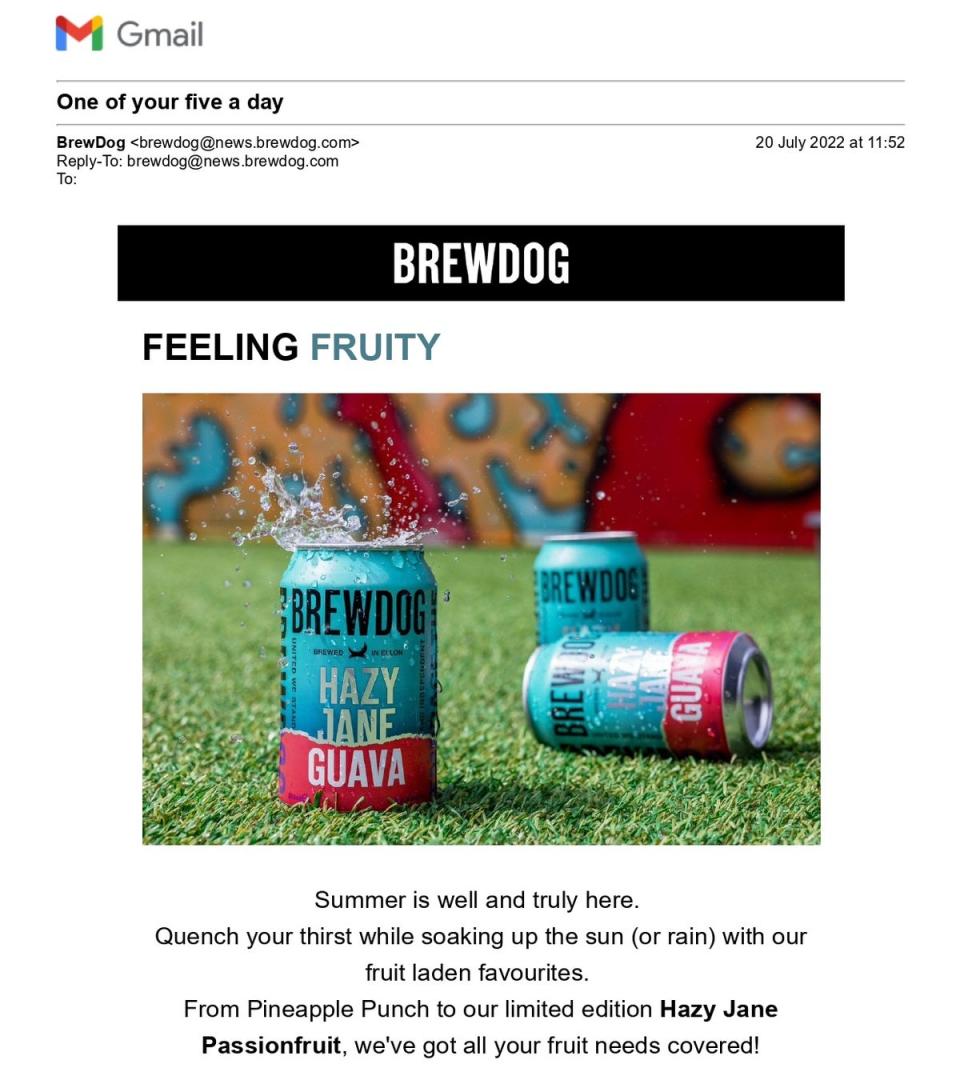 The email titled ‘One of your five-a-day' (Brewdog/Advertising Standards Authority handout)