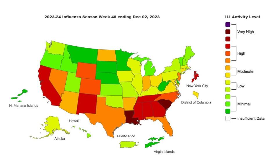 The latest CDC flu activity map in the U.S. released Dec. 8, 2023.