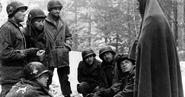 Battleground film 1949 still of a group of soldiers standing outside in the snow