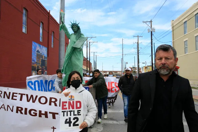 Border Network for Human Rights Executive Director Fernando Garcia speaks during a march from Chihuahuita Park to Sacred Heart church to protest the expansion of Title 42 ahead of President Joe Biden’s visit to El Paso on Jan. 7.