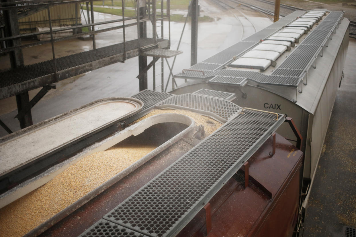 A railroad hopper car ready to transport corn at the Kokomo Grain Co. Inc. transloading facility  (Luke Sharrett / Bloomberg via Getty Images file)