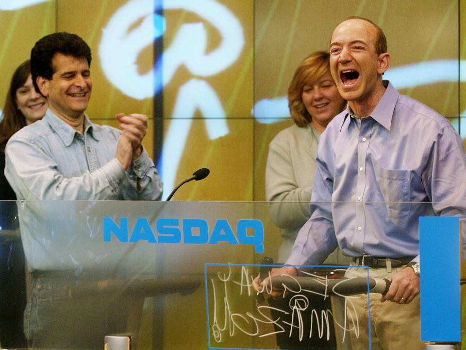 Jeff Bezos screaming while riding a Segway at the Nasdaq