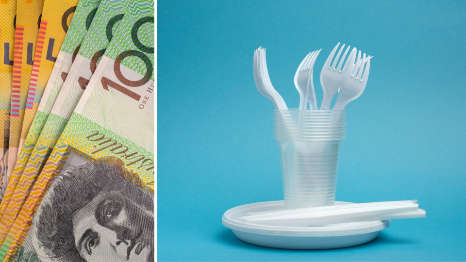 Australian money. Plastic cutlery, plates and cups. Plastic ban.
