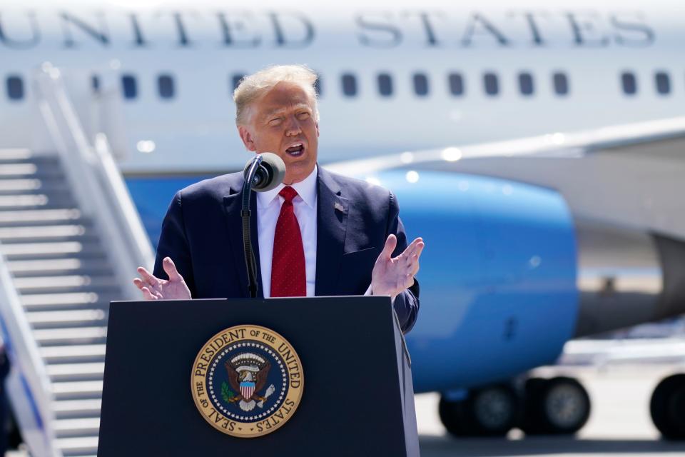 President Donald Trump speaks to a crowd of supporters at Minneapolis-Saint Paul International Airport on Aug. 17, 2020, in Minneapolis.