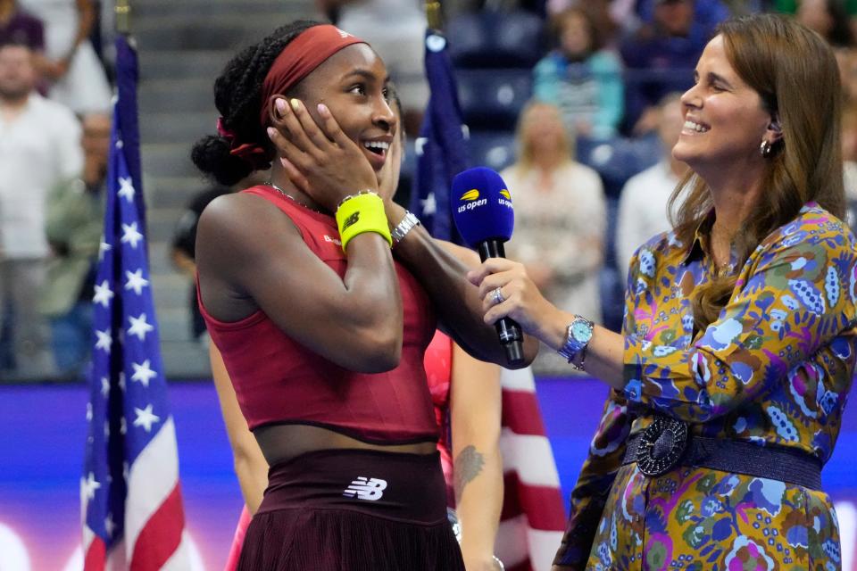 Sept. 9: Coco Gauff reacts while being interviewed by ESPN's Mary Jo Fernandez during the trophy ceremony after defeating Aryna Sabalenka in three sets to win her first Grand Slam singles title.