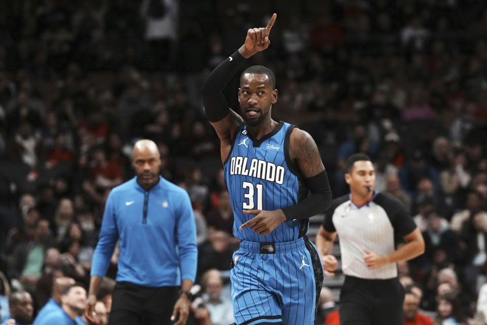 Orlando Magic's Terrence Ross reacts during the second half of an NBA basketball game against the Toronto Raptors, Saturday, Dec. 3, 2022 in Toronto. (Chris Young/The Canadian Press via AP)