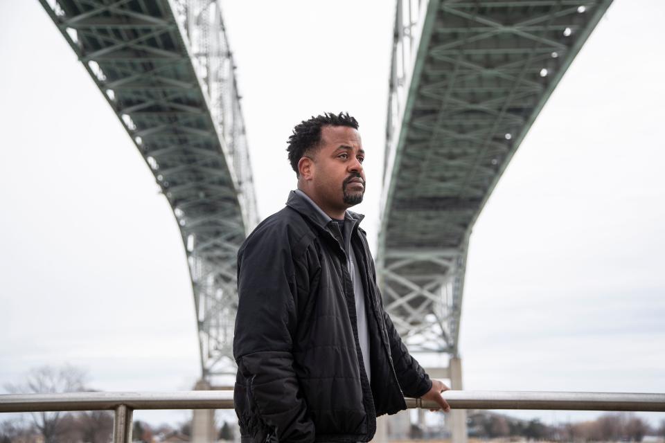 Johnny Lee Grays, a U.S. Customs and Border Protection officer under the Blue Water Bridge in Port Huron, Mich., on March 18, 2021.