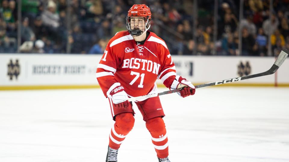 Macklin Celebrini is the early favorite to go with the top pick in the 2024 NHL Draft after a scorching hot start to his NCAA career. (Photo by Michael Miller/ISI Photos/Getty Images)