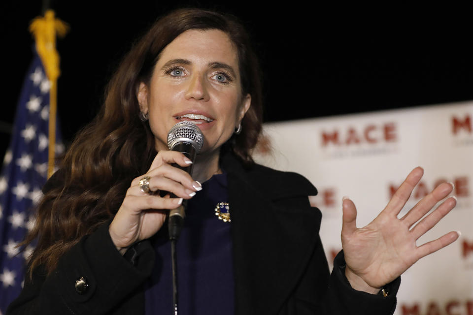 FILE - Republican Nancy Mace talks to supporters during her election night party on Nov. 3, 2020, in Mount Pleasant, S.C. Five U.S. lawmakers including Mace are visiting Taiwan on Friday, Nov. 26, 2021 in a surprise one-day visit, the American Institute in Taiwan, the de facto embassy, announced. (AP Photo/Mic Smith, File)