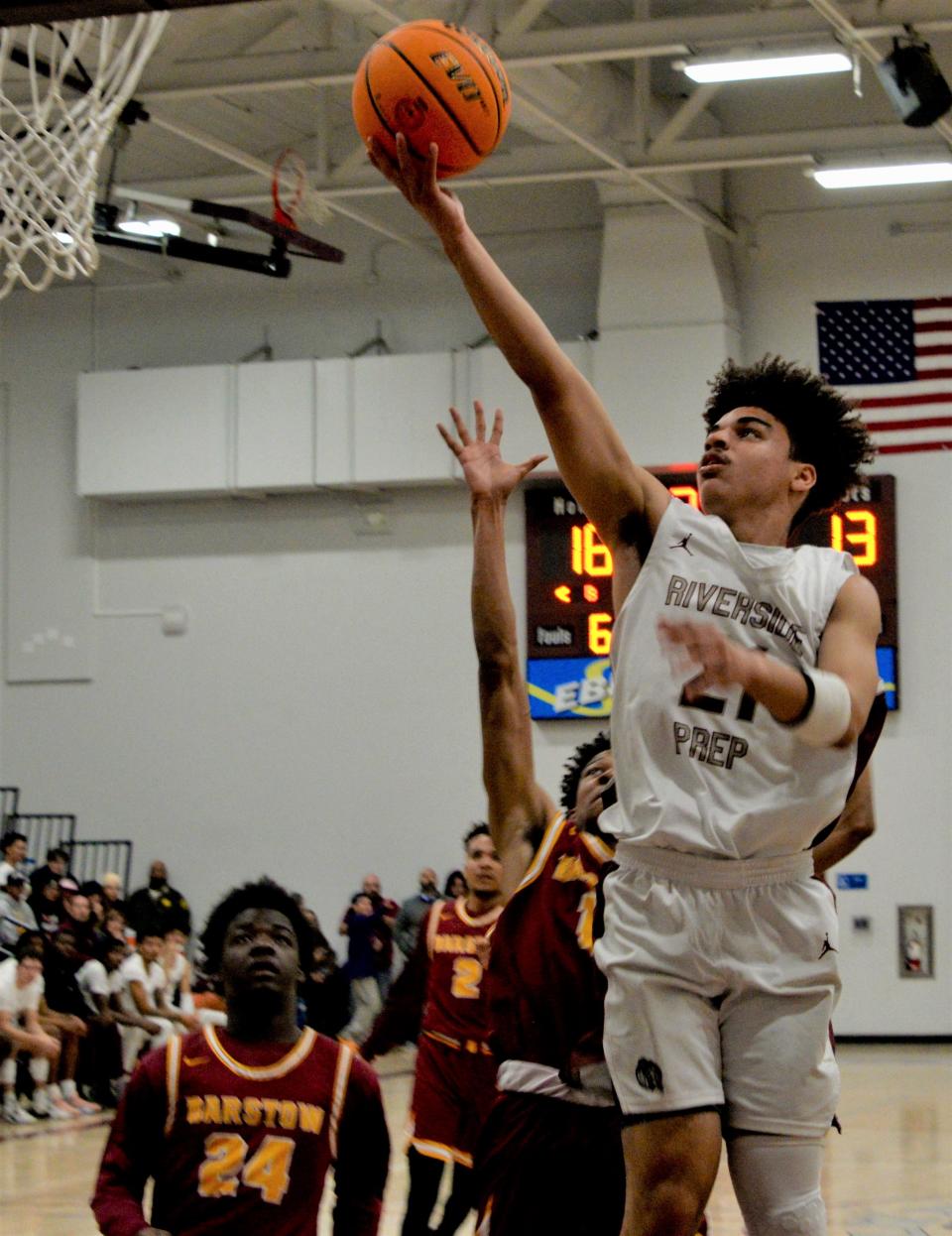 Riverside Prep's Raoul Churchill drives to the basket for a layup against Barstow on Wednesday, Feb. 8, 2023.