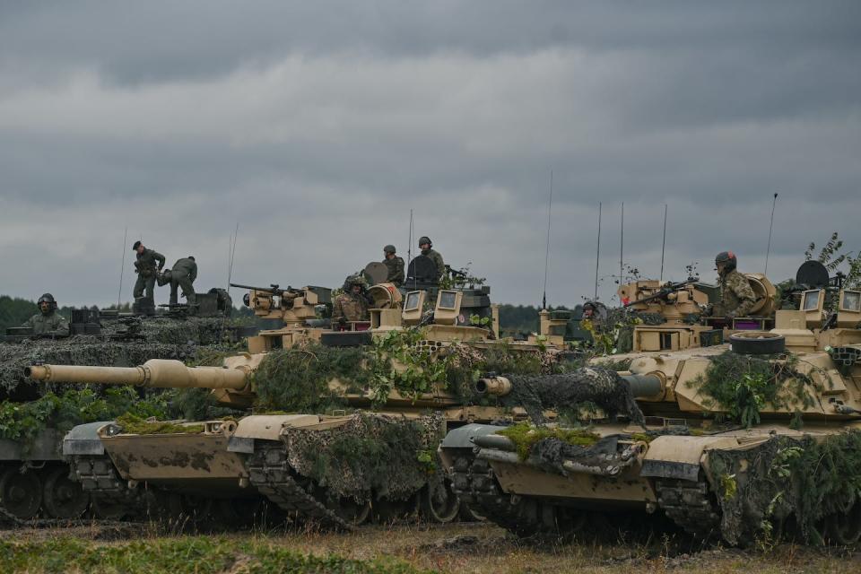 M1 Abrams, a third-generation American main battle tanks, are seen in Poland in September 2022. <a href="https://media.gettyimages.com/id/1243402292/photo/bear-22-joint-military-exercises-in-poland.jpg?s=1024x1024&w=gi&k=20&c=x_KR66ijJC-E8FTUq_c7jJ-brPnmaVLhp2J_nuElLGM=" rel="nofollow noopener" target="_blank" data-ylk="slk:Artur Widak/Anadolu Agency via Getty Images;elm:context_link;itc:0;sec:content-canvas" class="link ">Artur Widak/Anadolu Agency via Getty Images</a>