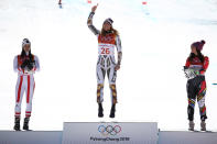 <p>Gold medallist Ester Ledecka (C) of the Czech Republic celebrates with silver medallist Anna Veith (L) of Austria and bronze medallist Tina Weirather of Liechtenstein during the victory ceremony for the Alpine Skiing Ladies Super-G on day eight of the PyeongChang 2018 Winter Olympic Games at Jeongseon Alpine Centre on February 17, 2018 in Pyeongchang-gun, South Korea. (Photo by Ezra Shaw/Getty Images) </p>