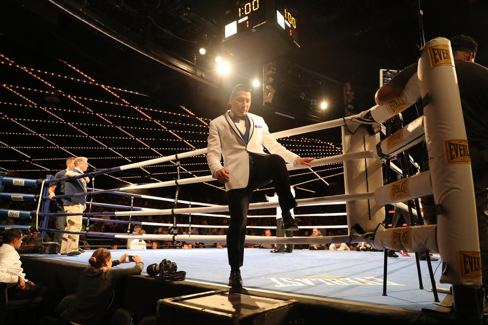 <p>NYPD Boxing organizer Dave Siev exits ring during the NYPD Boxing Championships at the Theater at Madison Square Garden on June 8, 2017. (Photo: Gordon Donovan/Yahoo News) </p>