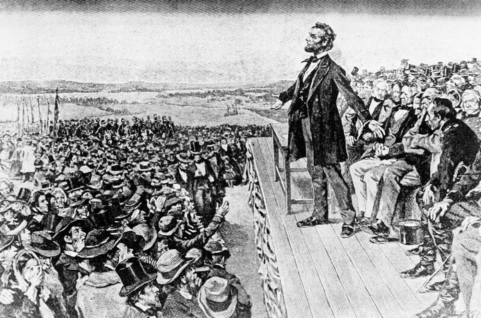 This undated illustration depicts President Abraham Lincoln making his Gettysburg Address at the dedication of the Gettysburg National Cemetery on the battlefield at Gettysburg, Pa., Nov. 19, 1863. (Library of Congress via AP, File)