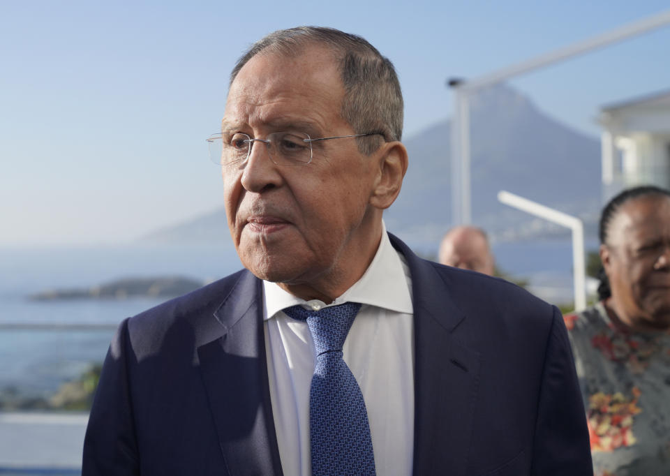 Russian Foreign Minster, Sergey Lavrov, at a meeting with his counterparts from the BRICS economic bloc of developing nations in Cape Town, South Africa Thursday, June 1, 2023. The meeting is a precursor to a larger summit of developing nations in South Africa in August that Russian President Vladimir Putin may attend while under indictment by the International Criminal Court. (AP Photo/Nardus Engelbrecht)