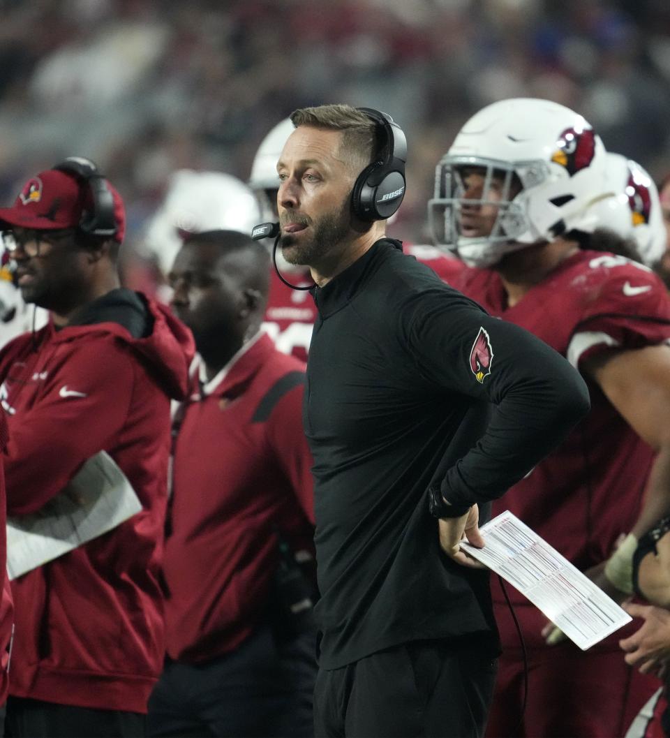 Arizona Cardinals head coach Kliff Kingsbury reacts during action against the Indianapolis Colts in the second half at State Farm Stadium.