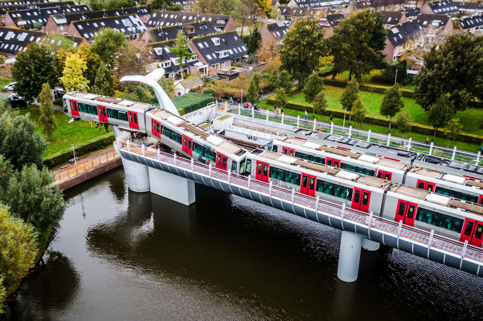 Metro train saved by whale sculpture in Netherlands (Jeffrey Groeneweg / AFP / Getty Images)