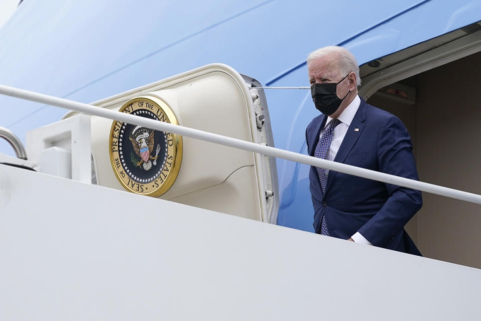 President Joe Biden and first lady Jill Biden arrive at the Newport News/Williamsburg International Airport and will be greeted by Gov. Ralph Northam, D-Va., and his wife Pamela Northam, Monday, May 3, 2021, in Newport News, Va. (AP Photo/Evan Vucci)