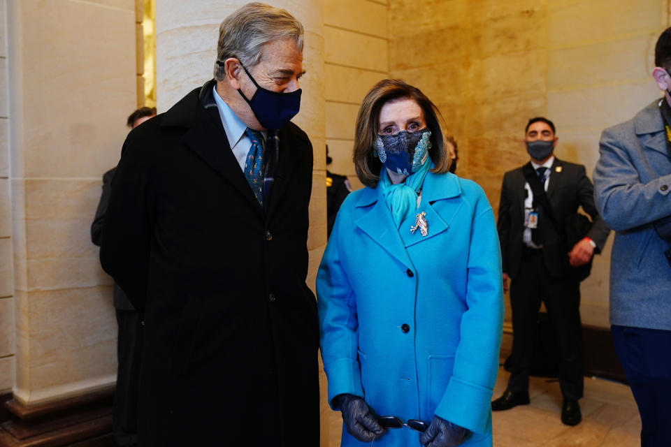 <p>United States Speaker of the House Nancy Pelosi arrives for the inauguration of Joe Biden with her husband, Paul Pelosi. </p>