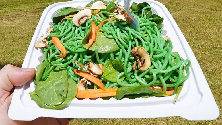 Bright green Hawaiian noodle dish