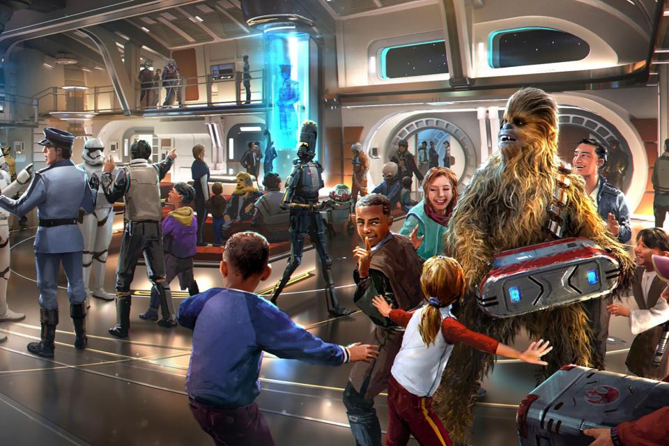 guests will step into the ship’s main deck Atrium to begin their journey through a galaxy far, far away at Star Wars: Galactic Starcruiser at Walt Disney World Resort in Florida