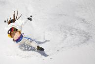 Sweden's Henrik Harlaut crashes during the men's freestyle skiing slopestyle qualification round at the 2014 Sochi Winter Olympic Games in Rosa Khutor February 13, 2014. REUTERS/Mike Blake