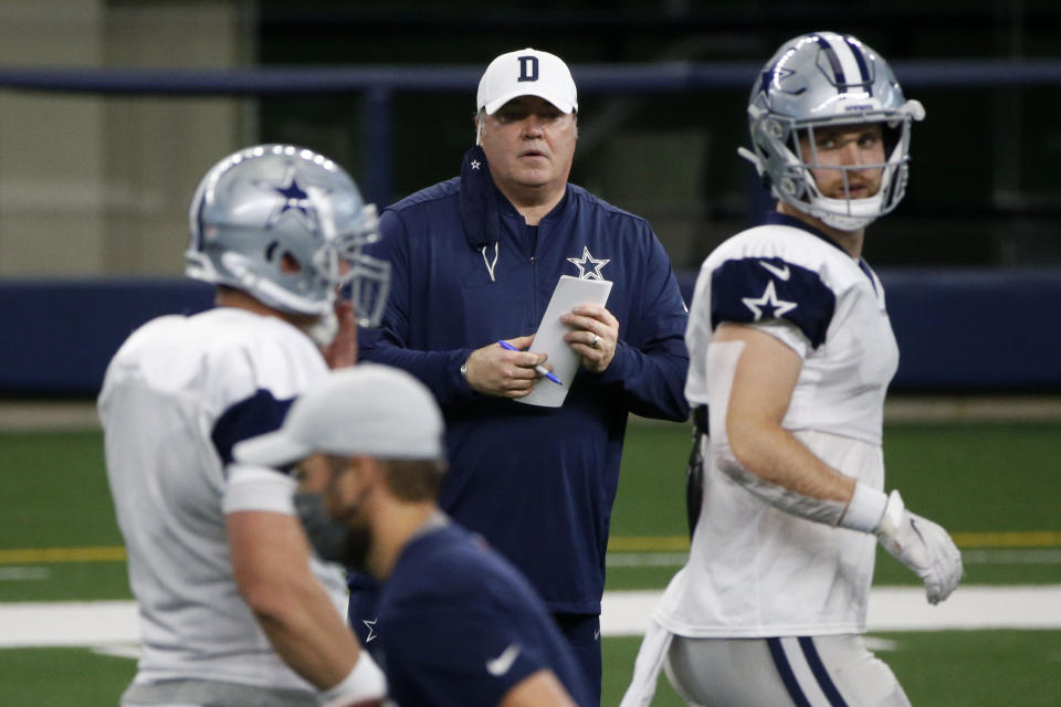 Dallas Cowboys head coach Mike McCarthy watches practice during an NFL football training camp in Arlington, Texas, Sunday, Aug. 30, 2020. (AP Photo/Michael Ainsworth)